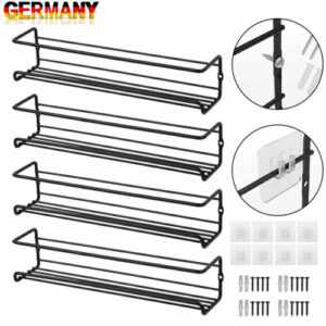 4x Gewürzregal Gewürzhalter Küchenregal Ohne Bohren Hängend Wand Schwarz Metall