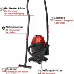 Einhell Nass-Trockensauger TC-VC 1930 A (1.500 Watt, 190 mbar Saugleistung, Auto