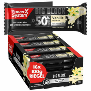 Protein Riegel Big Block Vanille 16 x 100g Muskelaufbau 50 % Eiweiß Low Sugar