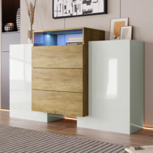 Sideboard Schrank Kommode mit 3 Schubladen LED Hochglanz Weiß Beistellschrank