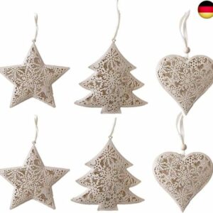 6er Set 11-12cm Metall Weihnachtsanhänger Weihnachtsdeko hohles Herz Stern Baum