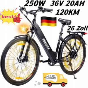 26 Zoll Elektrofahrrad Citybike 36V 20Ah E-bike Shimano 7-Gang Damen/Herren 250W