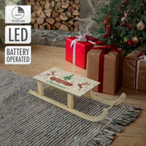 LED Schlitten Weihnachtsschlitten Holzschlitten Winterdeko Timer Dekofigur 60 cm