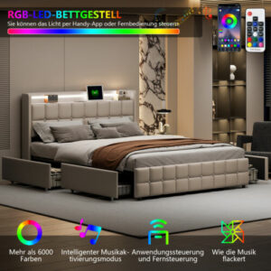 LED Polsterbett Doppelbett 160x200 Bettgestell mit Stauraum Schubladen USB-Port