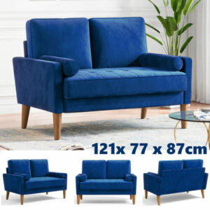 Couch 2 Sitzer Modern Mini Samt Kleines Sofa mit 2 Wurfkissen Loungesofa Blau