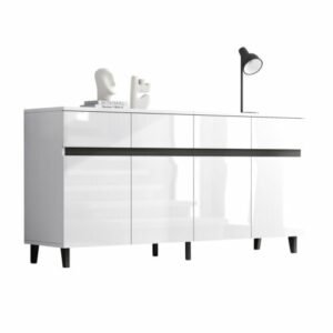 Sideboard Schrank Kommode mit 4 Schubladen und 2 Türen Highboard Hochglanz Weiß