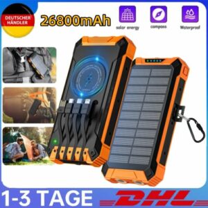 26800mAh Wireless Solar Power Bank Charger Ladegerät Externer Batterie 4 Kabeln