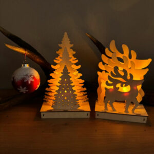 Tannenbaum und Rentier, Hirsch aus Holz in 3D mit LED´s & Timer - Weihnachtsdeko